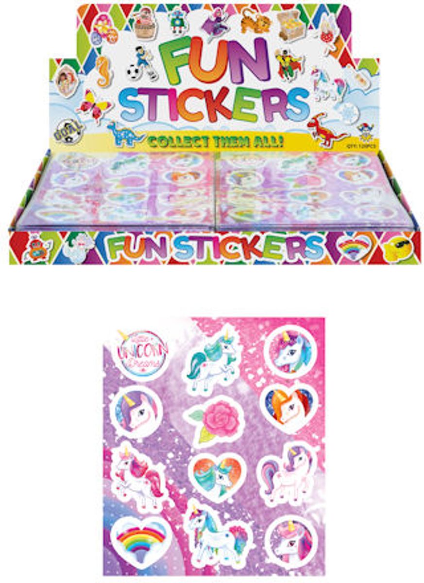 120 Stuks | Fun Stickers - Model: Unicorn in Display (Uitdeelcadeautjes)